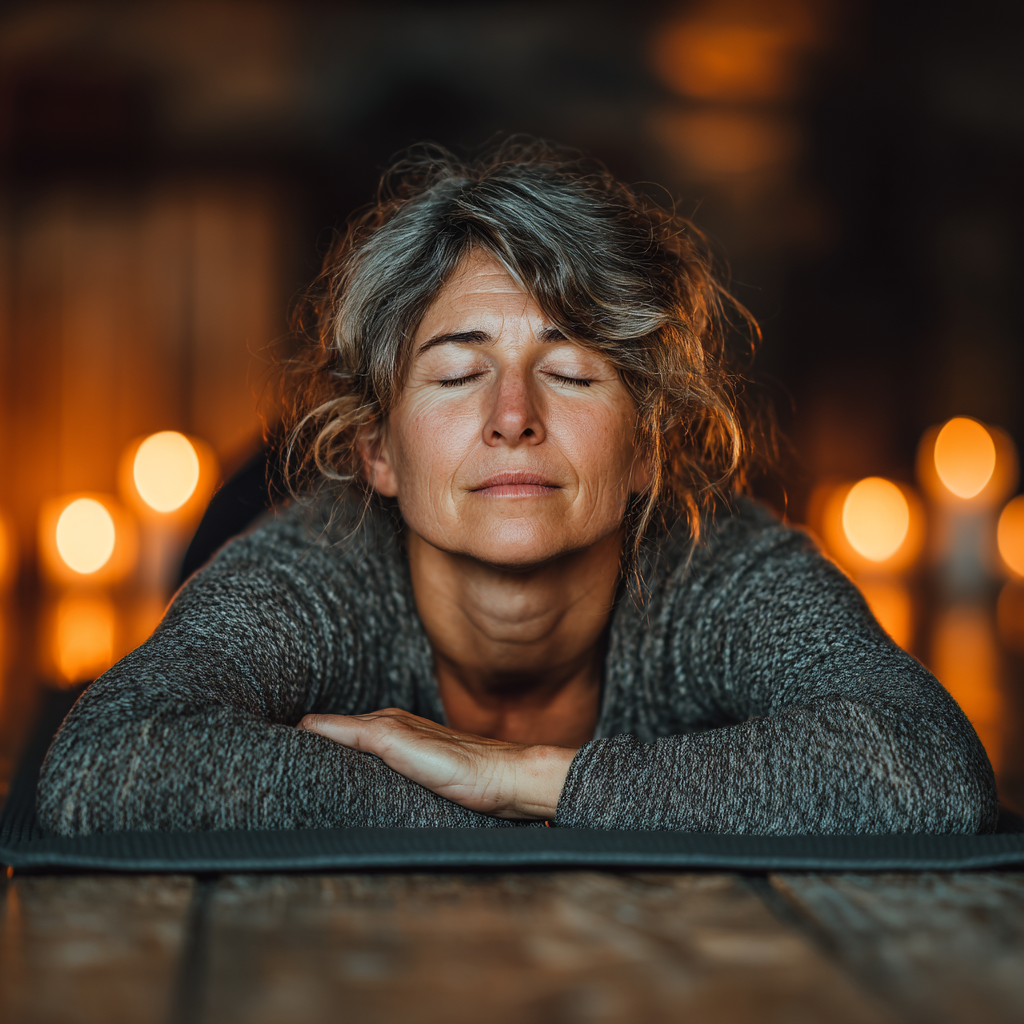 Idős hölgy jóga gyakorlat közben természetes környezetben